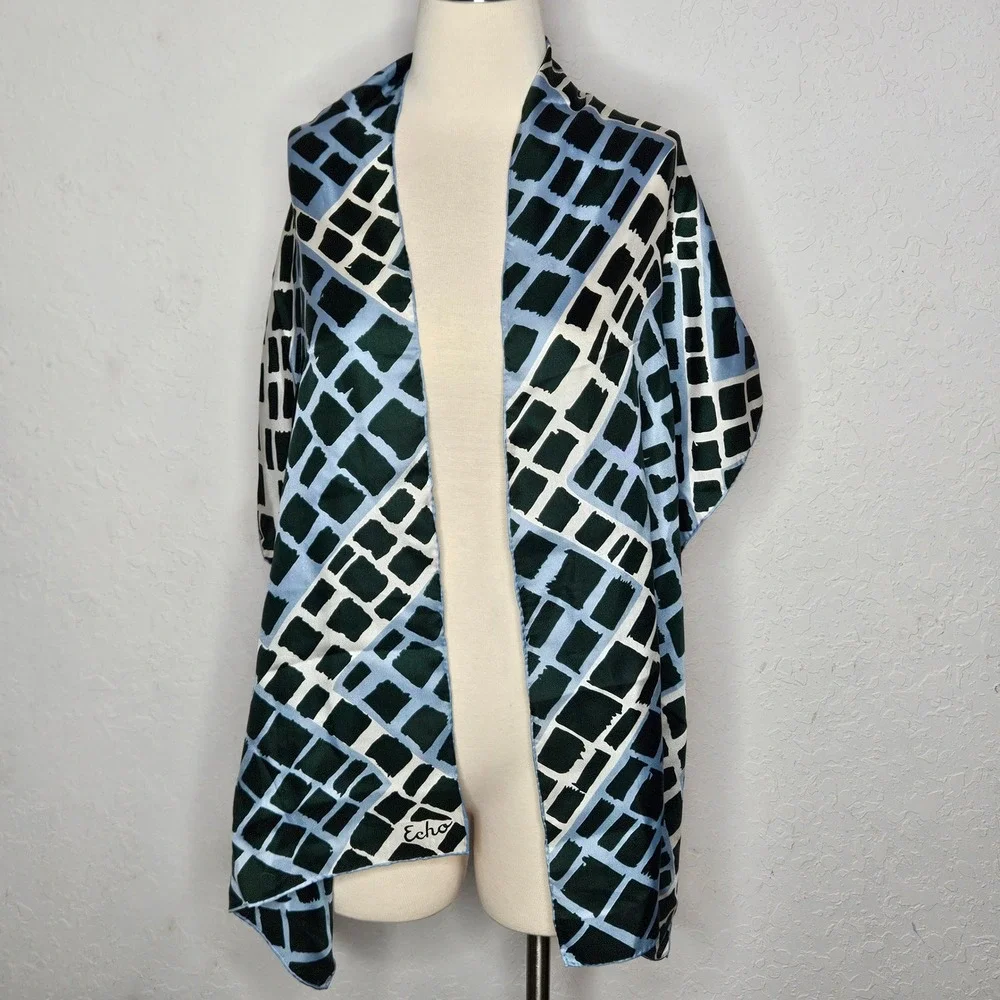 Echo Silk Scarf Green Blue White Geometric Grid Abstract Oblong Wrap Hand Rolled